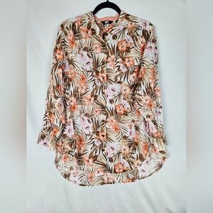 Lands' End Orange Pink Floral 100% Linen High-Low Resort Wear Top / Cover-up